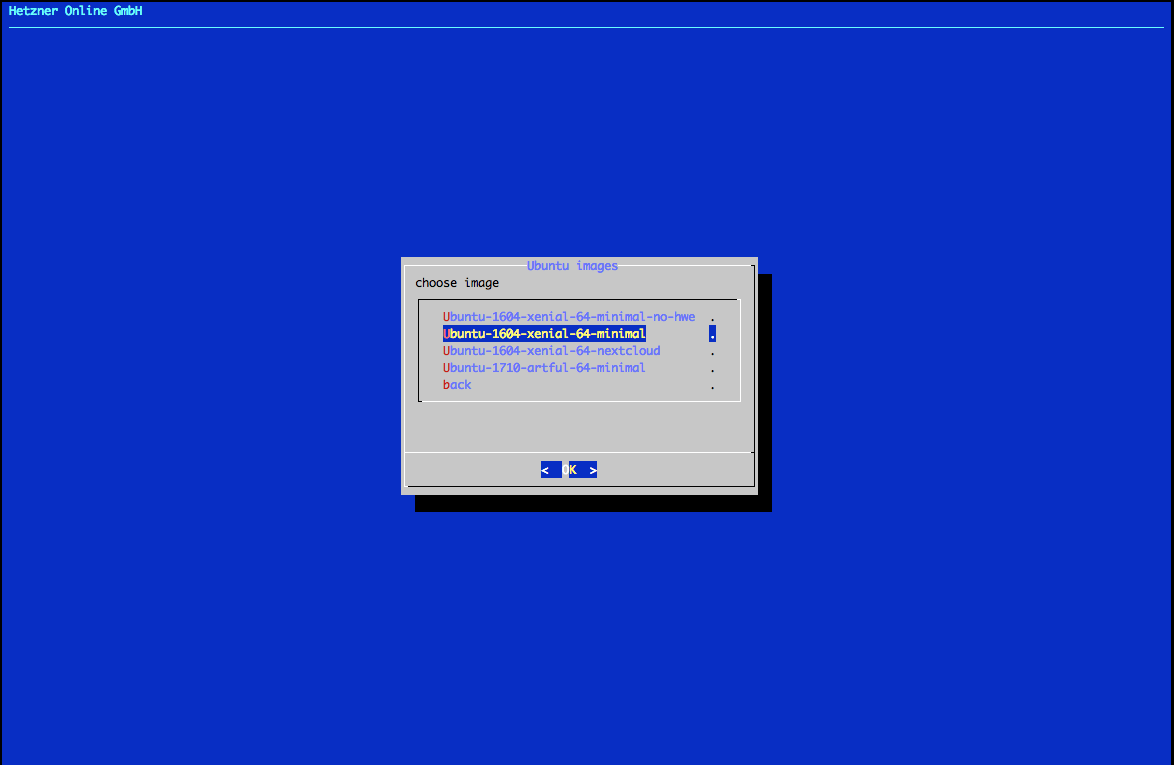 Server installation interface showing Ubuntu version selection options